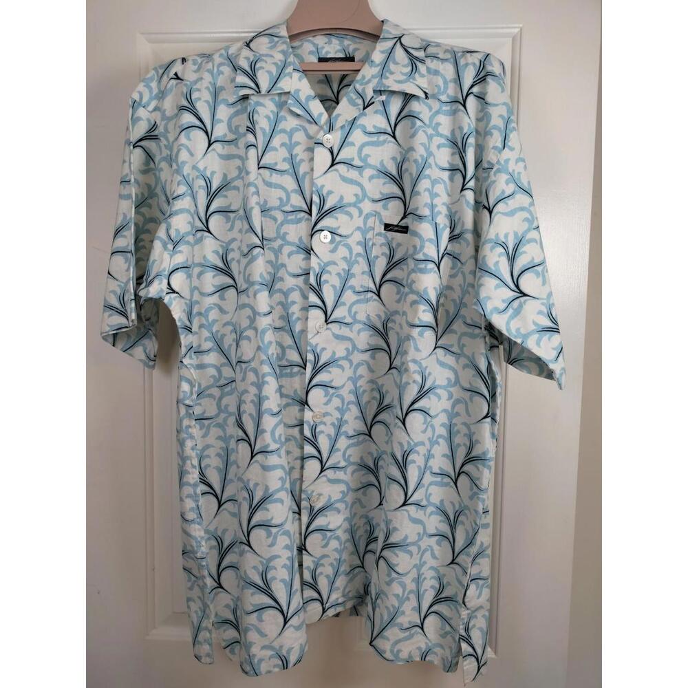 VTG Karl Kani 90s All Over Print Blue‎ Leaf Floral Linen Blend Shirt